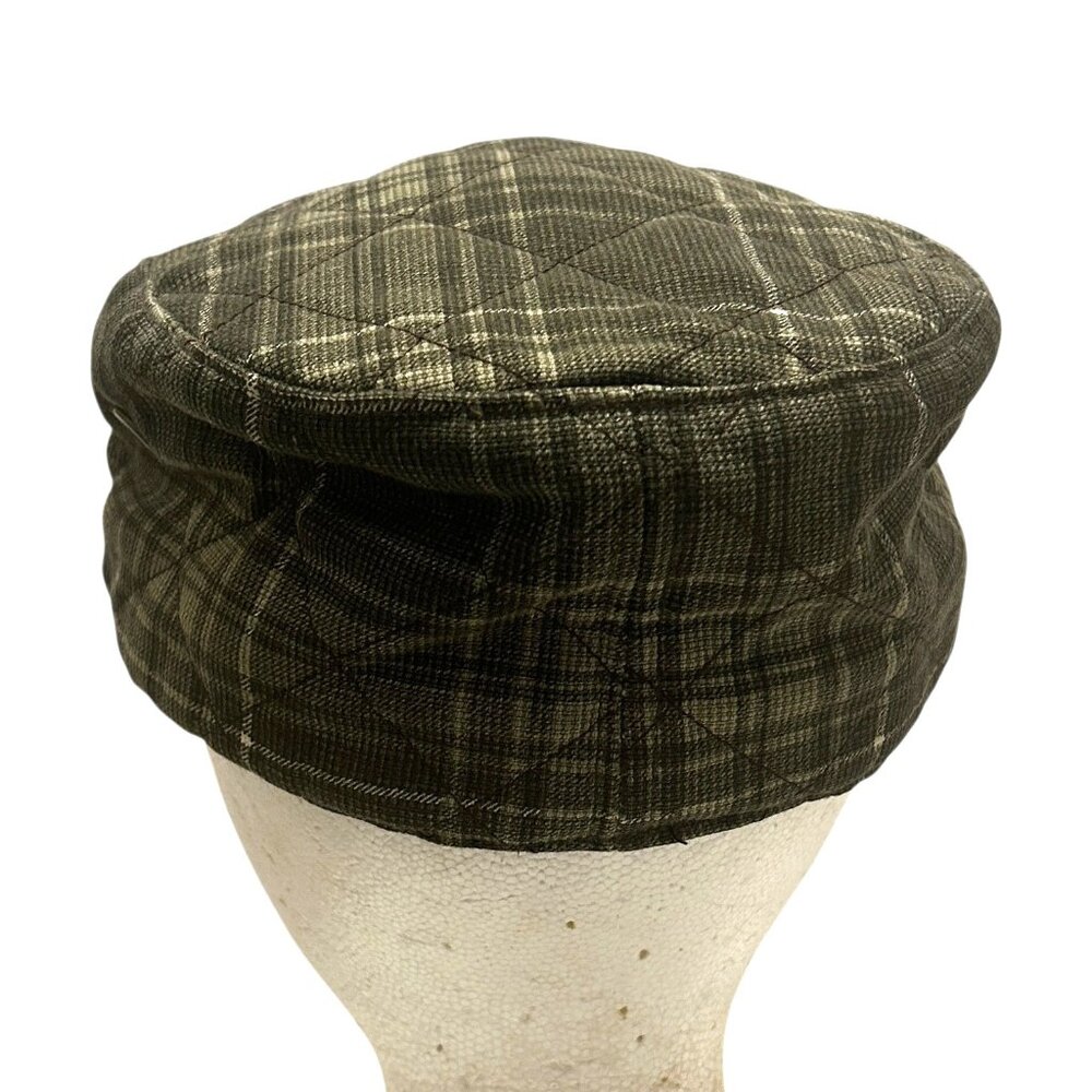 Roots Green Plaid Cotton Cap Size M Flat Top Quilted Lined Classic Hat Khaki - Picture 4 of 10